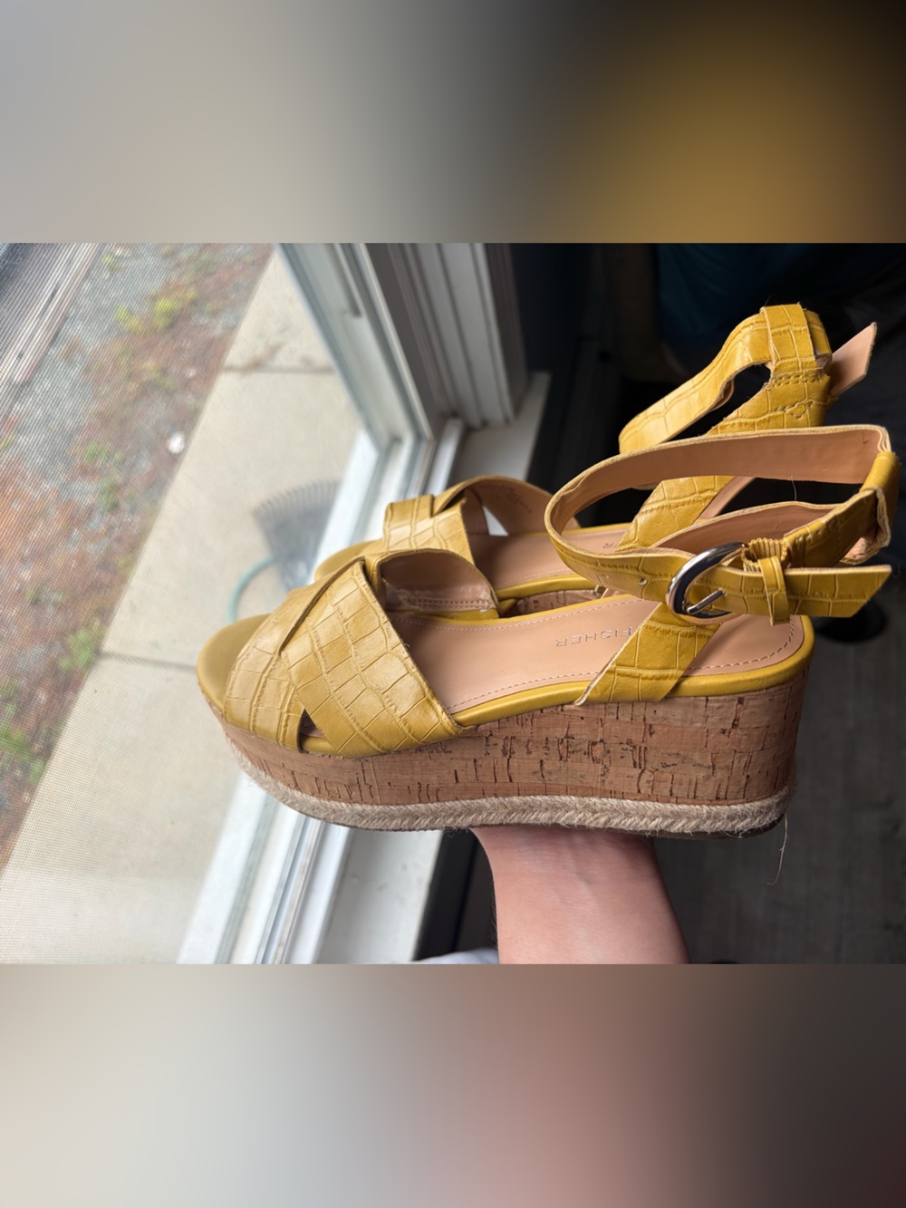 Marc Fisher Yellow Croc-Embossed Cork Platform Espadrille Wedges